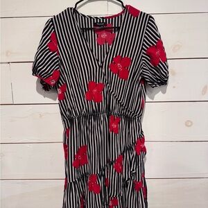 Madewell Black and White Striped Top with Red Floral Design